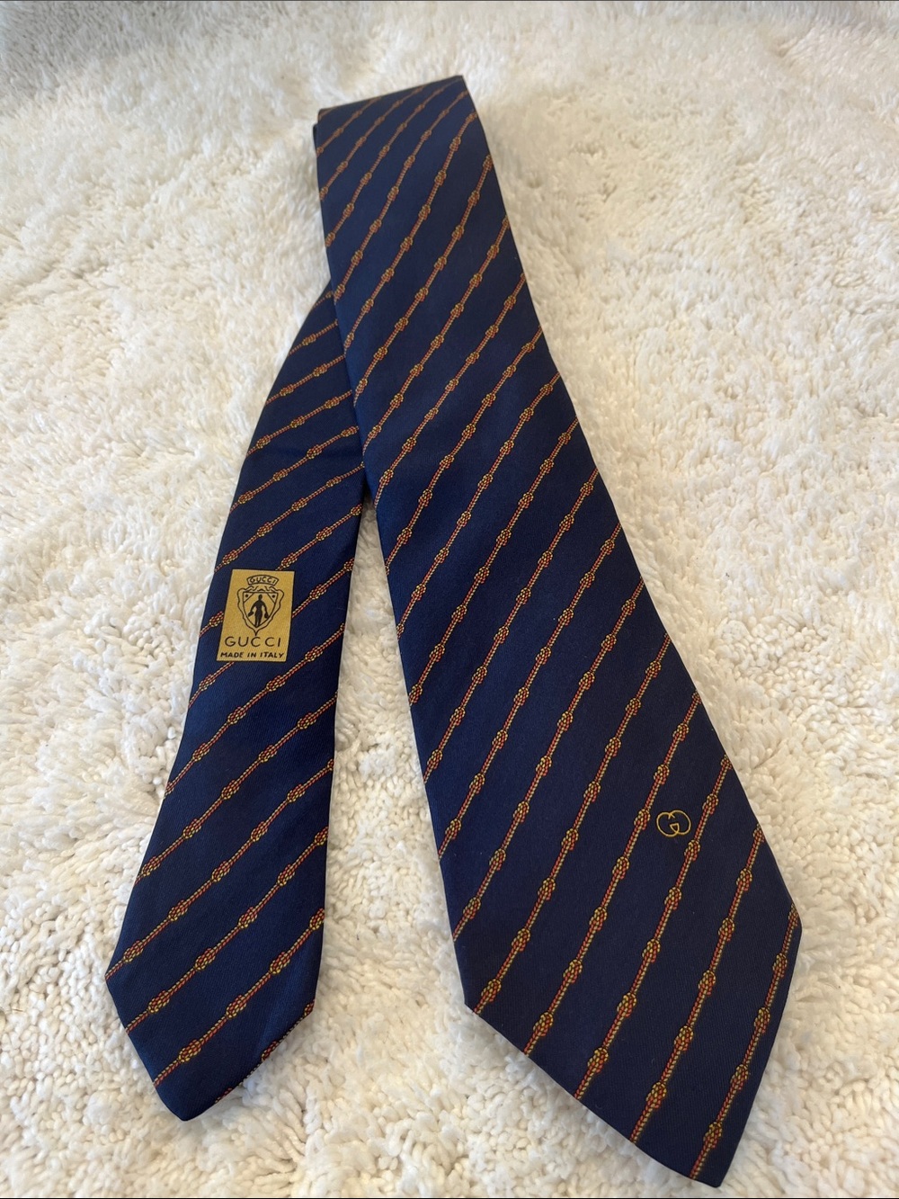 Vintage Gucci Navy Blue Silk Tie with Gold Chain-Striped Motif